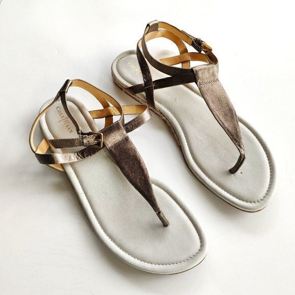 Cole Haan Grove Sandal Gunsmoke Metal Leather Espadrilles Thong Sandals Shoe 11B - Picture 1 of 6